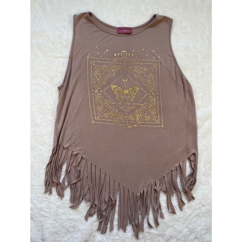 Ragdoll Tank Top Women tan Gold Butterfly Fringe Boho- Large